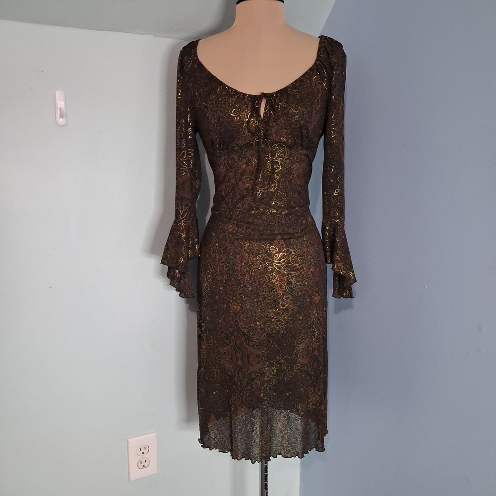 Rampage Y2K whimsigoth Brown Gold Paisley Glitter Mesh Bell Sleeve Midi Dress L